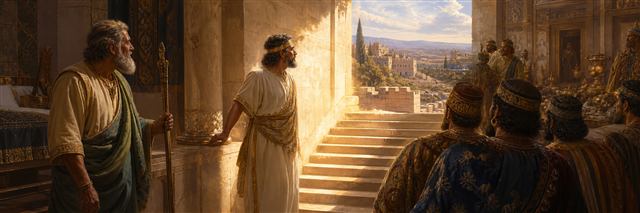 Hezekiah rising from illness as Isaiah watches sunlight reverse on palace steps